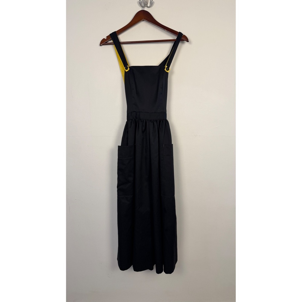 Victor Costa Pinafore Maxi Dress Poly Cotton Black Yellow Size 4 Vintage Pockets